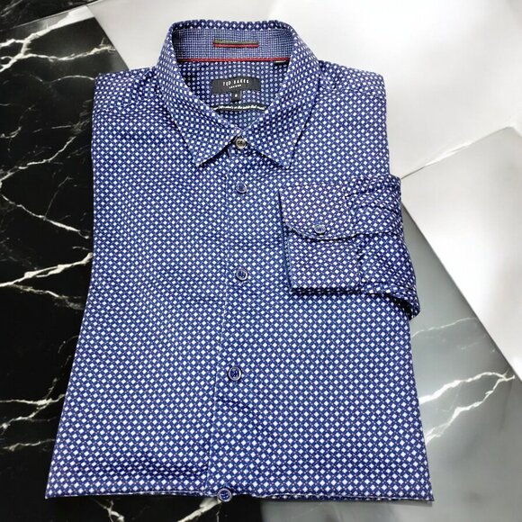 Ted Baker London Merci‎ Navy Geo Print Buttoned Collar Shirt - Picture 1 of 10